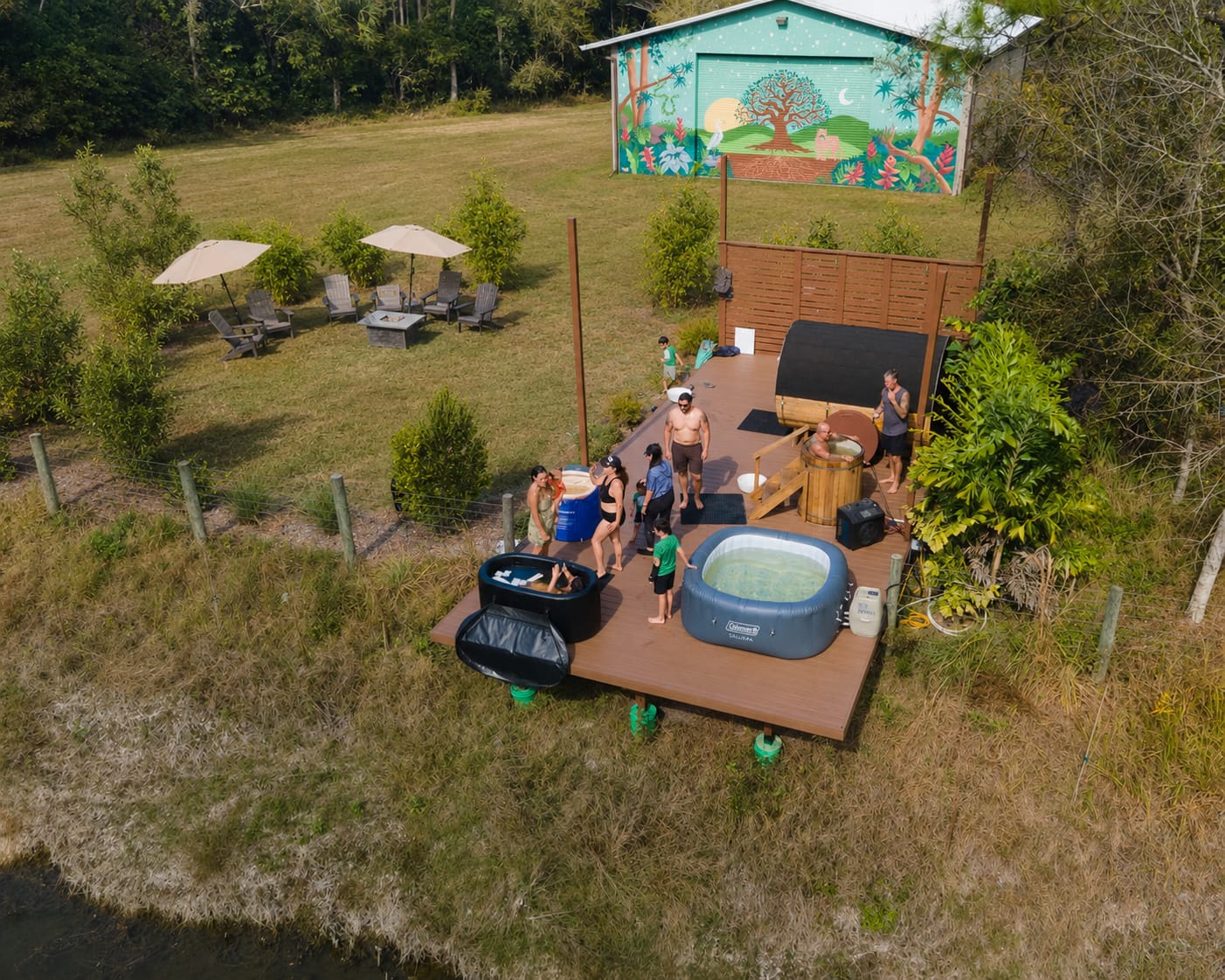 Aerial view of the sauna deck and barn mural