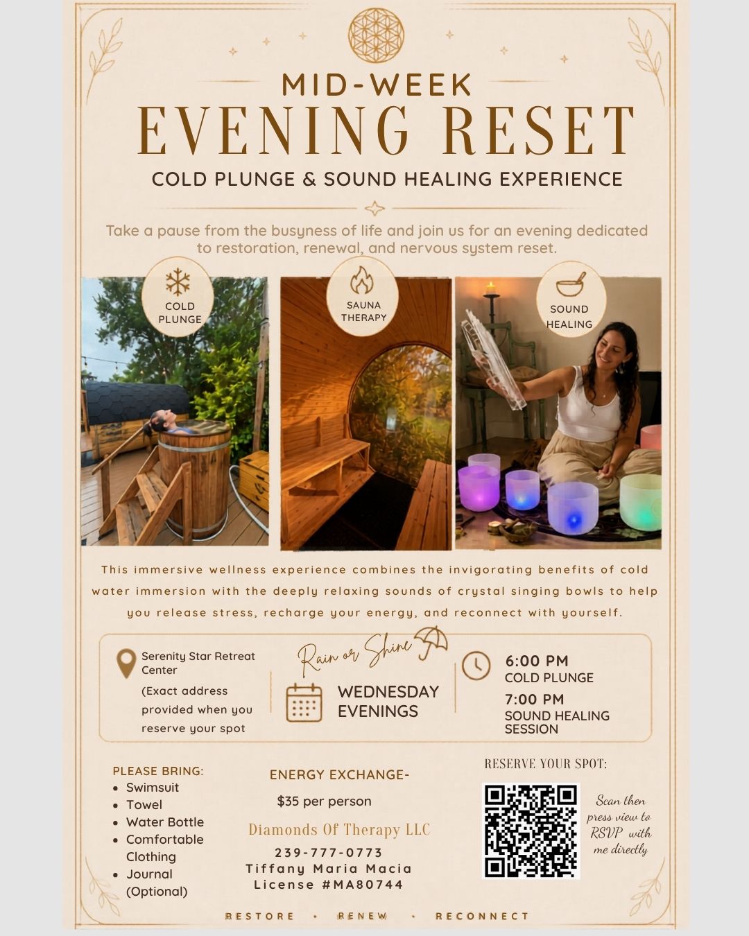 Evening Reset event: Wednesday Cold Plunge and Sound Healing session at Serenity Star with Tiffany Maria Macia