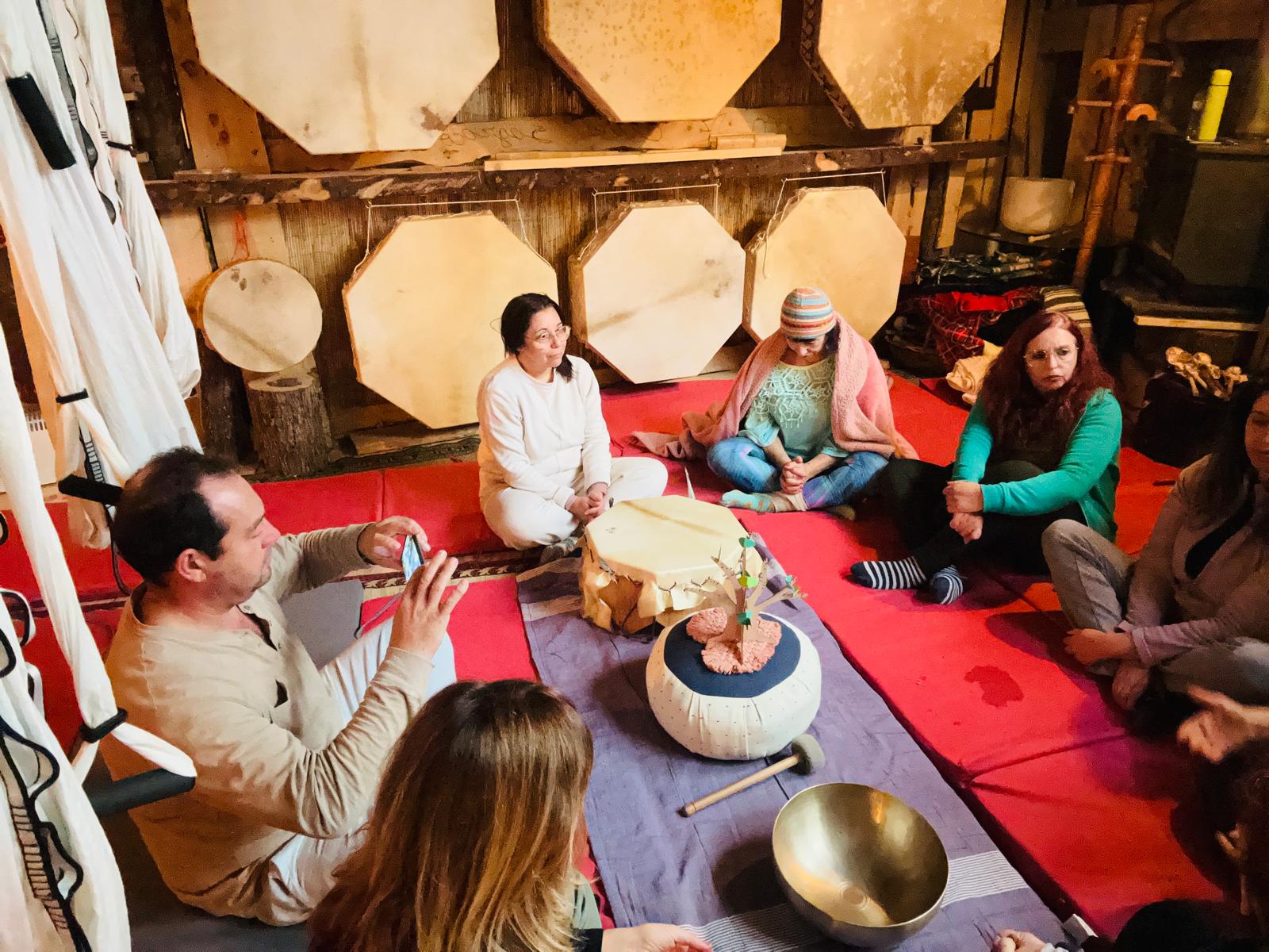 Portugal Retreat hero: shamanic drums, gongs, and sound healing instruments on the sacred land of Shaman João