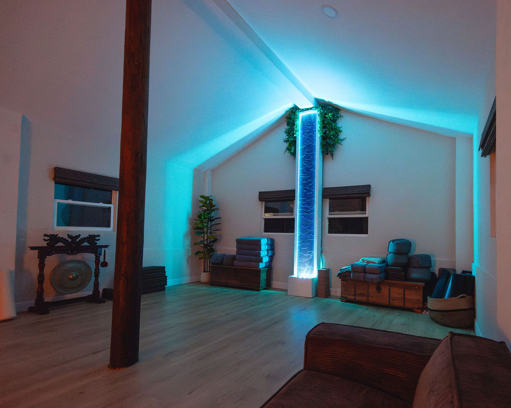 The meditation studio with its blue light water feature